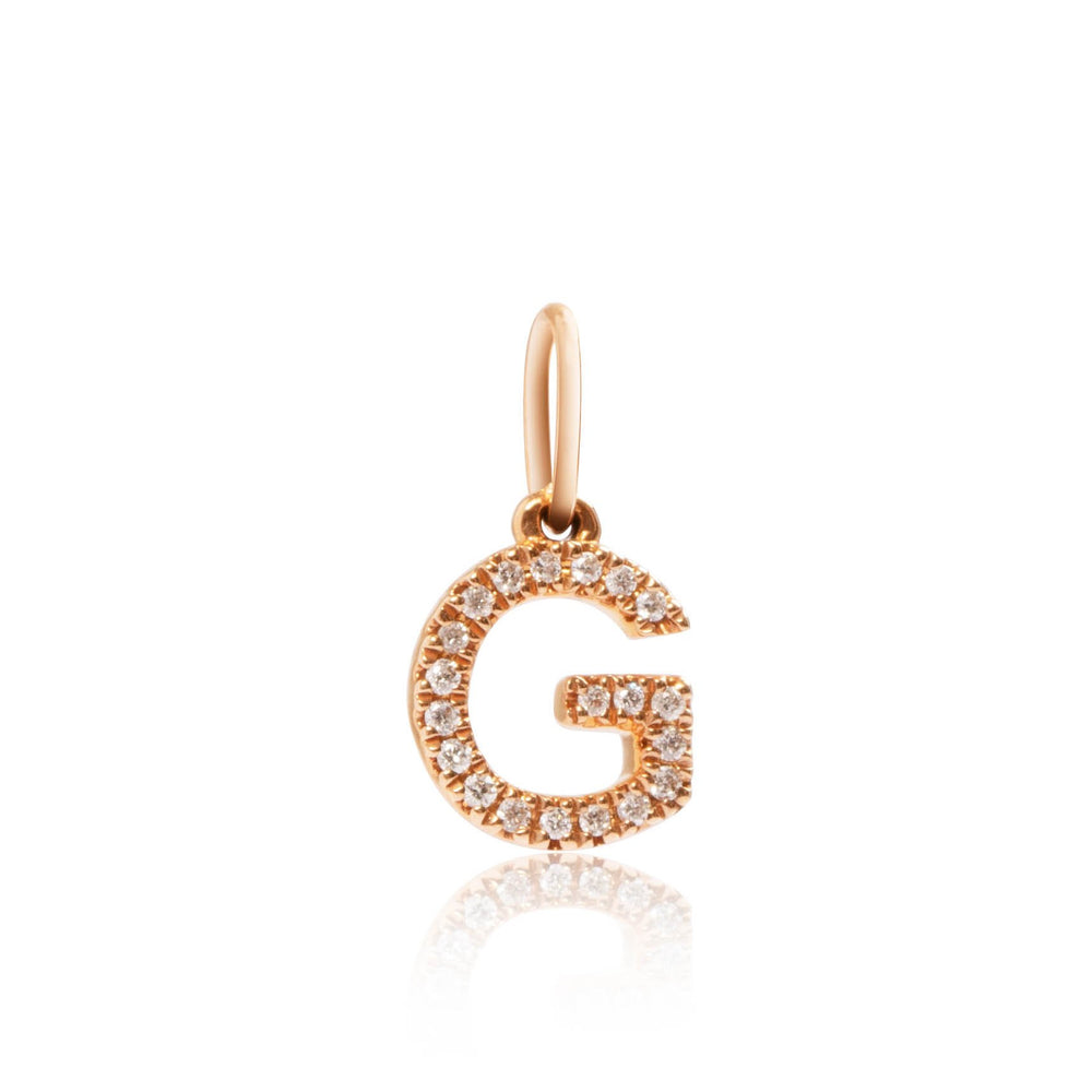Petite letter G diamond pendant in 18k rose gold