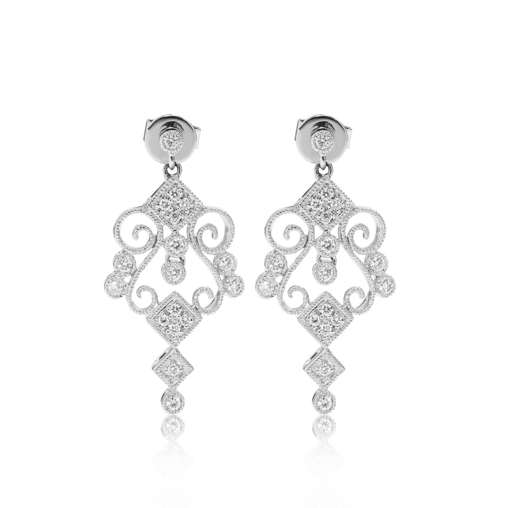 Vintage geometry pavé diamond drop earrings in 18k white gold