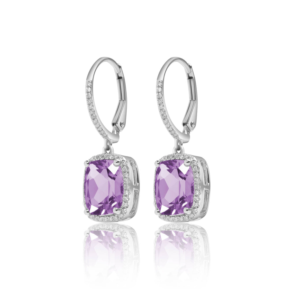 
                  
                    Load image into Gallery viewer, Amethyst and micropavé halo diamond drop earrings in 18k white gold
                  
                